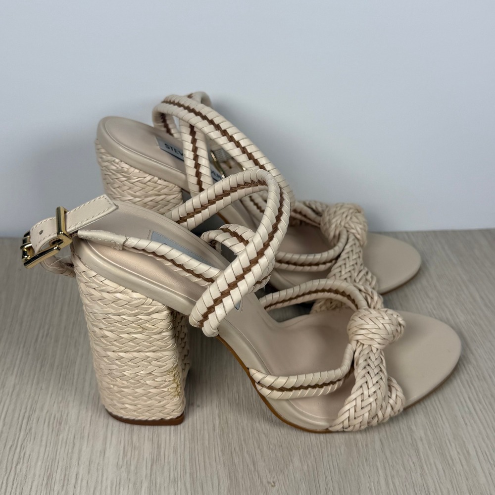 Block Heel Sandals Steve Madden Cream Braided Ankle Strap Womens 7 Heels